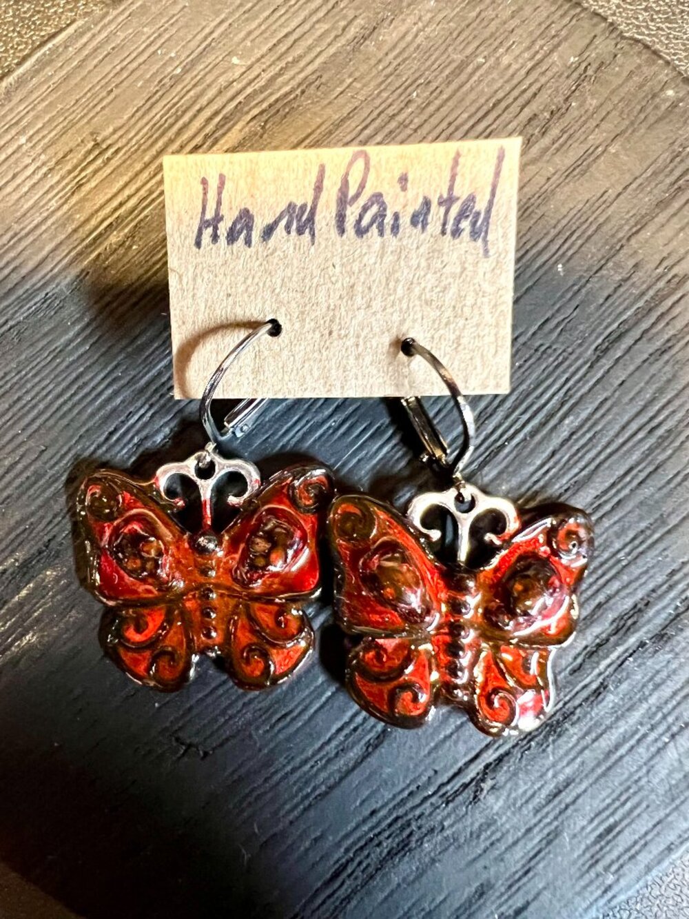 Hand Painted Skull Moth Earrings, Red and Black, UV reactive, Halloween, Goth